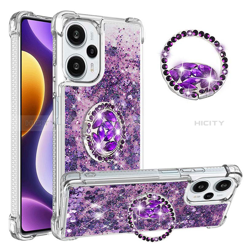 Custodia Silicone Cover Morbida Bling-Bling con Anello Supporto YB1 per Xiaomi Poco F5 5G Viola