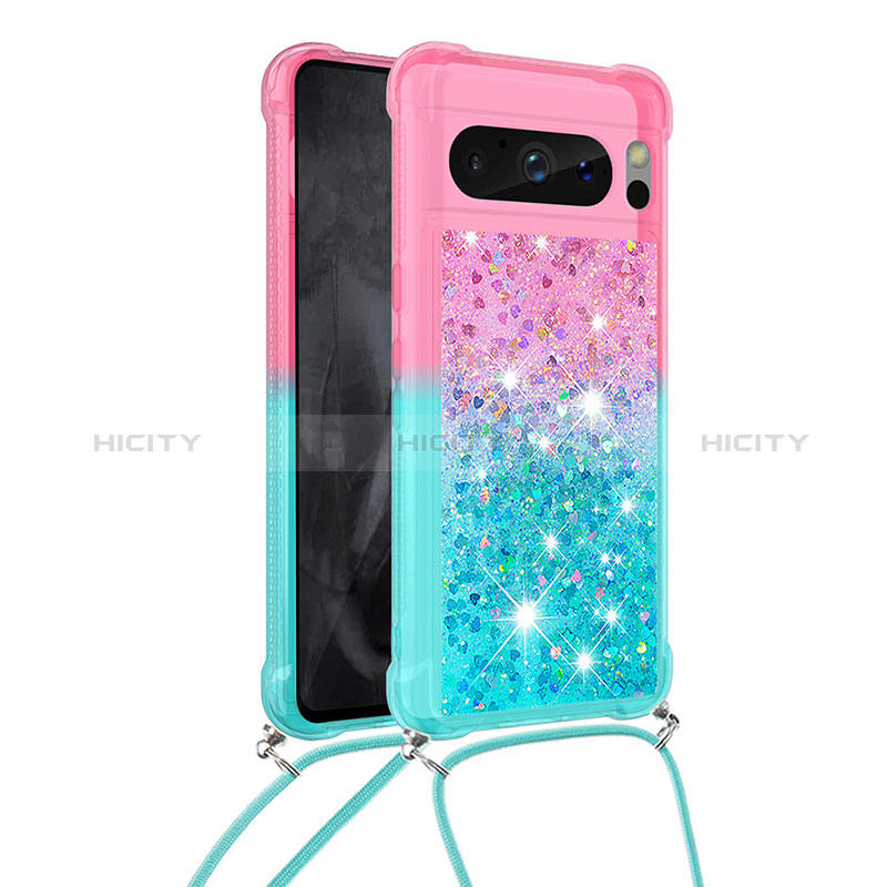 Custodia Silicone Cover Morbida Bling-Bling con Cinghia Cordino Mano S01 per Google Pixel 8 Pro 5G Rosa