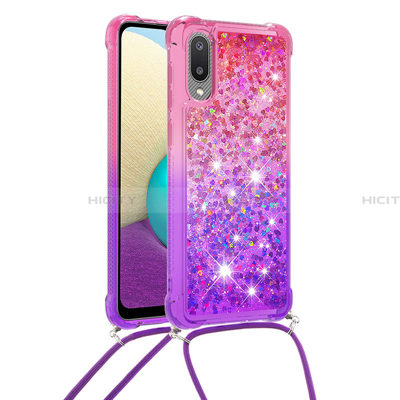 Custodia Silicone Cover Morbida Bling-Bling con Cinghia Cordino Mano S01 per Samsung Galaxy A02