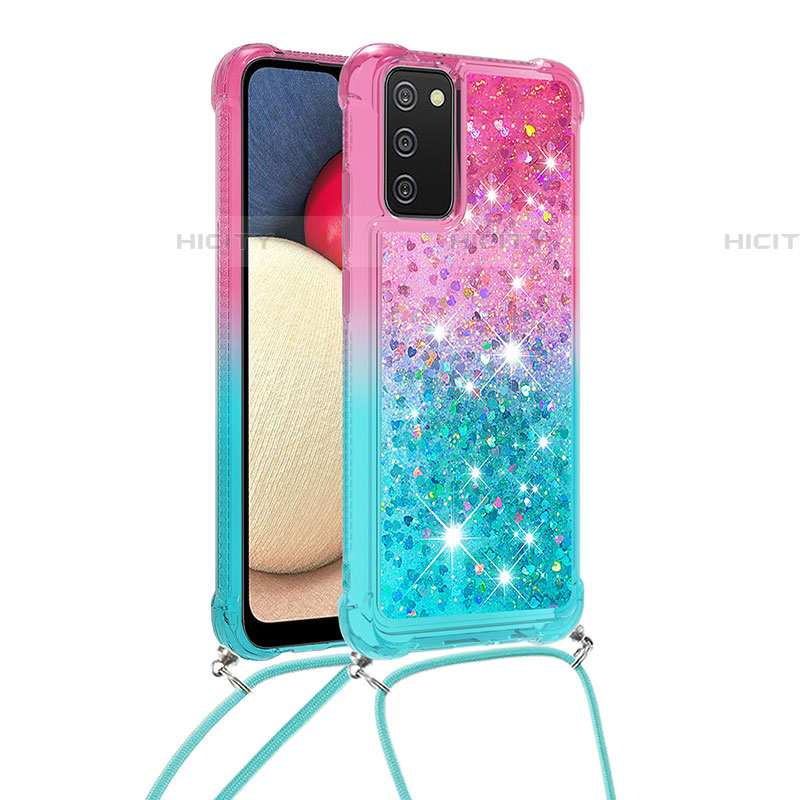 Custodia Silicone Cover Morbida Bling-Bling con Cinghia Cordino Mano S01 per Samsung Galaxy A03s Rosa