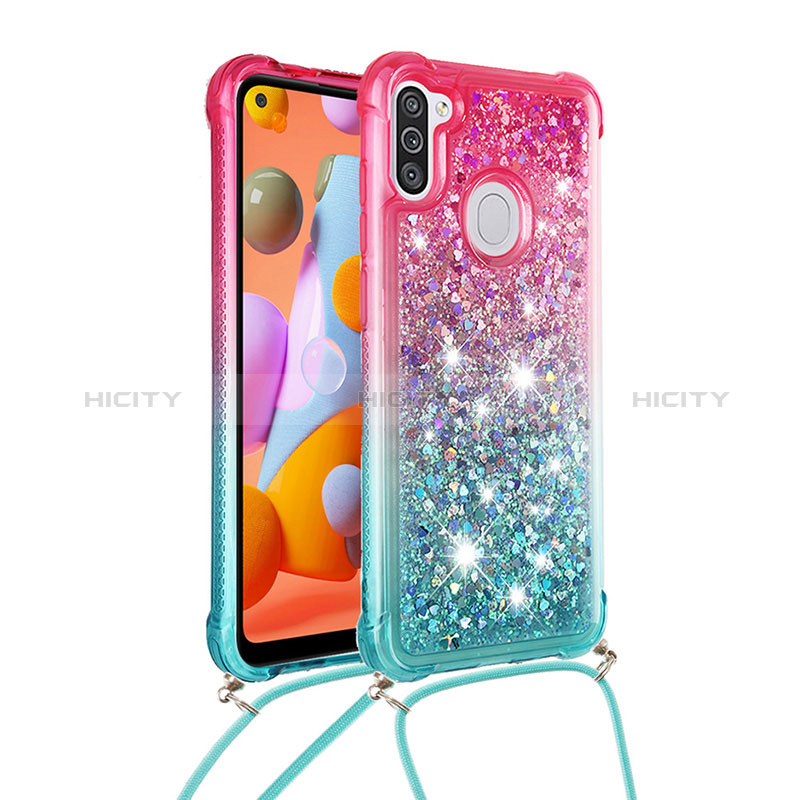 Custodia Silicone Cover Morbida Bling-Bling con Cinghia Cordino Mano S01 per Samsung Galaxy A11 Rosa