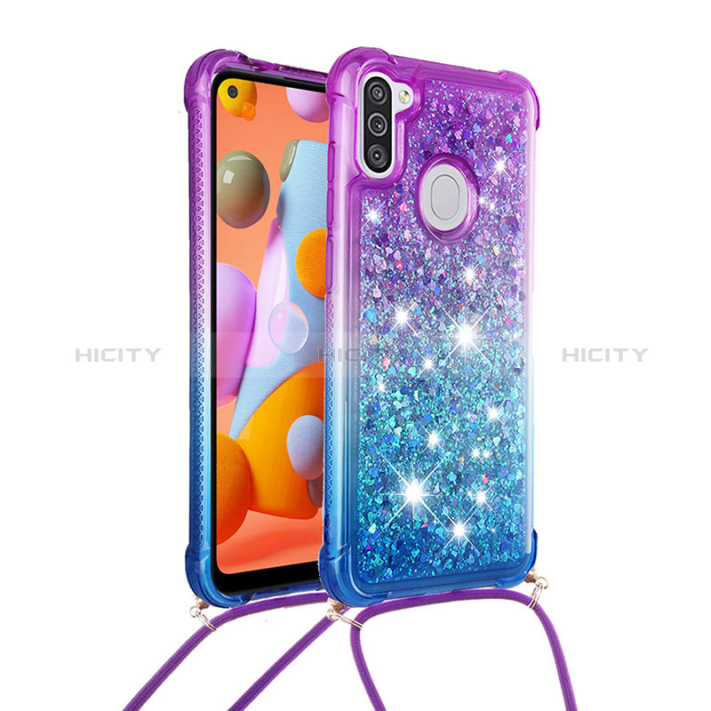 Custodia Silicone Cover Morbida Bling-Bling con Cinghia Cordino Mano S01 per Samsung Galaxy A11 Viola