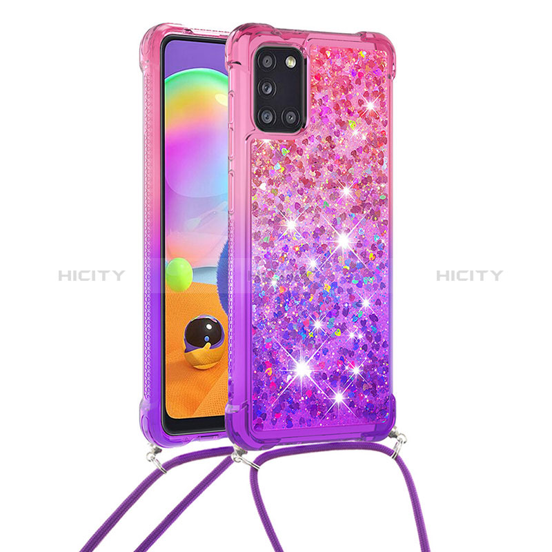 Custodia Silicone Cover Morbida Bling-Bling con Cinghia Cordino Mano S01 per Samsung Galaxy A31 Rosa Caldo