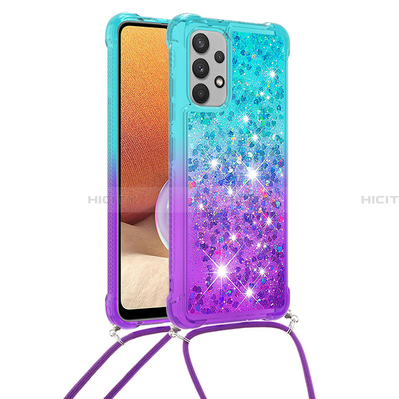 Custodia Silicone Cover Morbida Bling-Bling con Cinghia Cordino Mano S01 per Samsung Galaxy A32 4G Cielo Blu