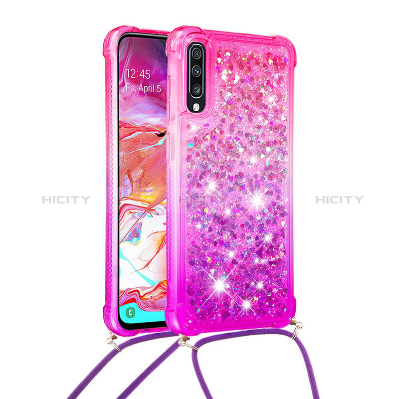 Custodia Silicone Cover Morbida Bling-Bling con Cinghia Cordino Mano S01 per Samsung Galaxy A70S Rosa Caldo