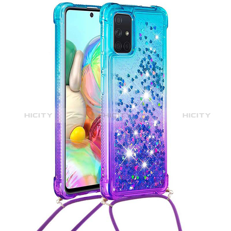 Custodia Silicone Cover Morbida Bling-Bling con Cinghia Cordino Mano S01 per Samsung Galaxy A71 4G A715 Cielo Blu