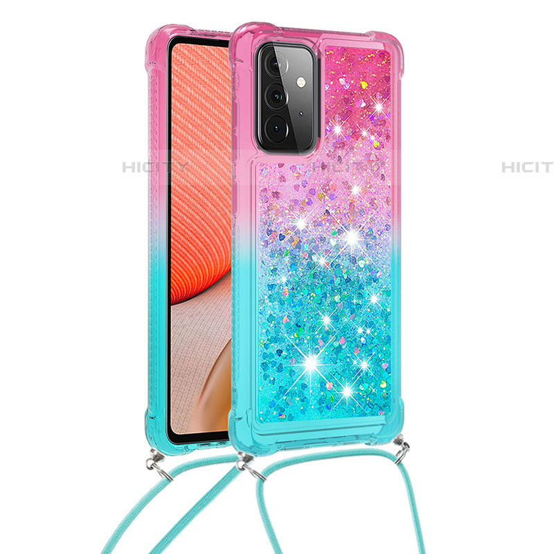 Custodia Silicone Cover Morbida Bling-Bling con Cinghia Cordino Mano S01 per Samsung Galaxy A72 5G Rosa
