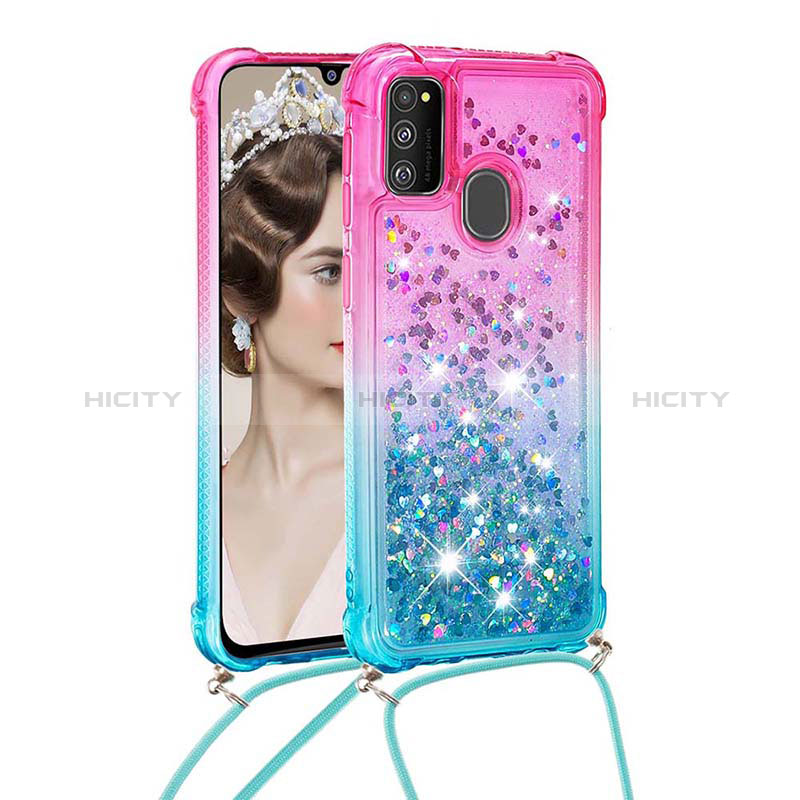 Custodia Silicone Cover Morbida Bling-Bling con Cinghia Cordino Mano S01 per Samsung Galaxy M21 Rosa