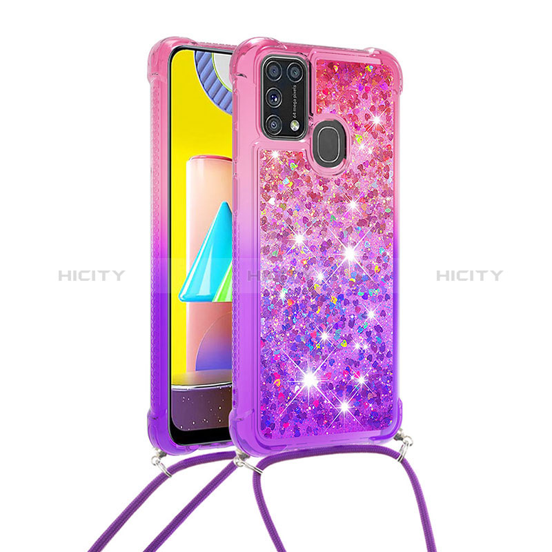 Custodia Silicone Cover Morbida Bling-Bling con Cinghia Cordino Mano S01 per Samsung Galaxy M31 Rosa Caldo