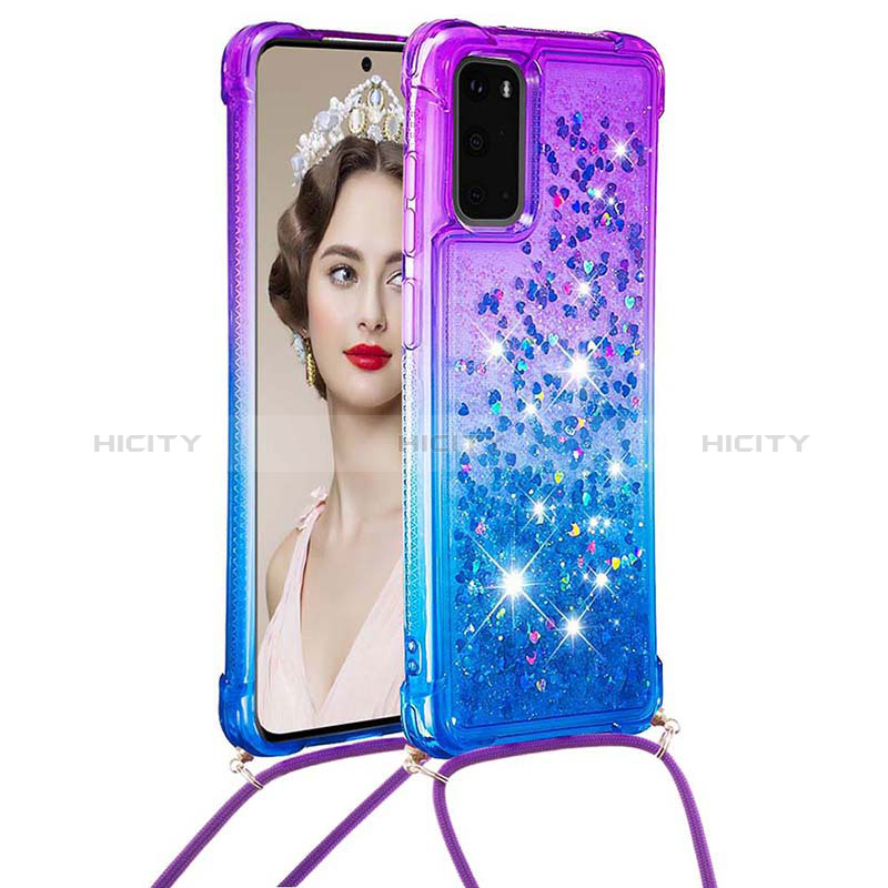 Custodia Silicone Cover Morbida Bling-Bling con Cinghia Cordino Mano S01 per Samsung Galaxy S20 5G Viola