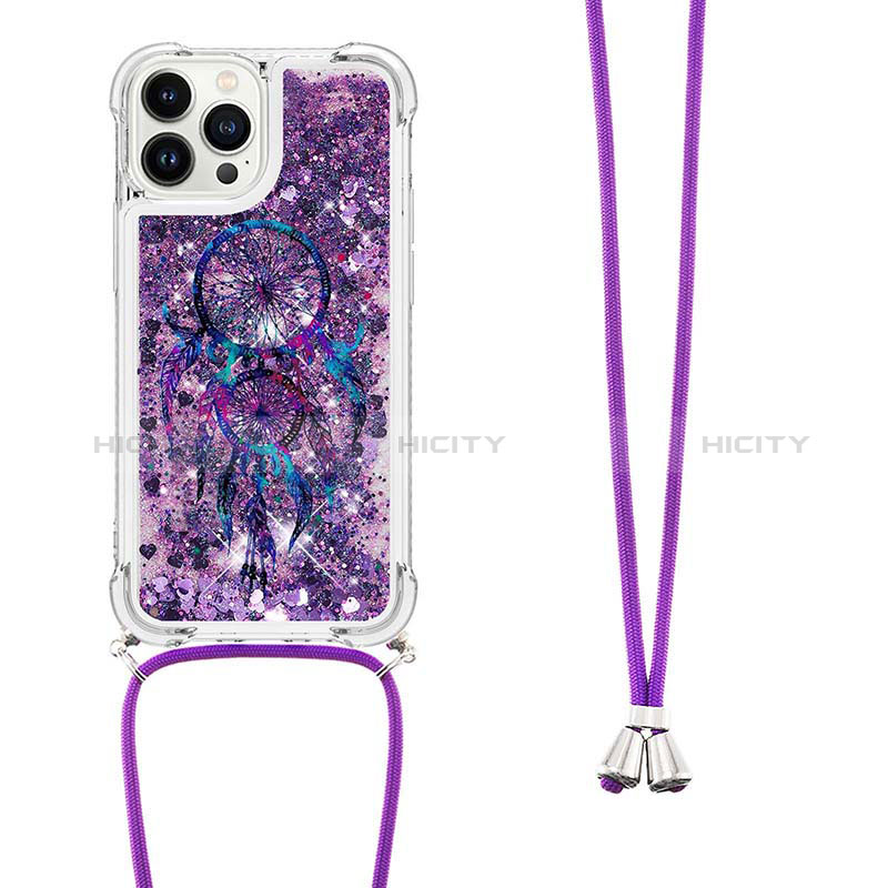 Custodia Silicone Cover Morbida Bling-Bling con Cinghia Cordino Mano S02 per Apple iPhone 13 Pro Max Viola