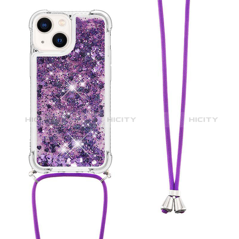 Custodia Silicone Cover Morbida Bling-Bling con Cinghia Cordino Mano S02 per Apple iPhone 14