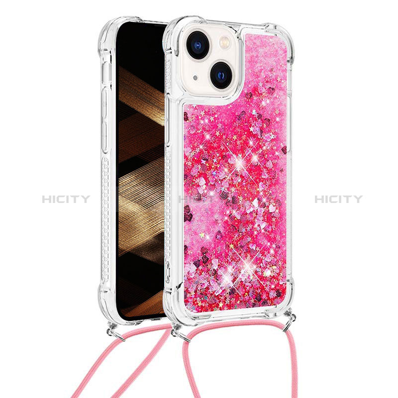 Custodia Silicone Cover Morbida Bling-Bling con Cinghia Cordino Mano S02 per Apple iPhone 15 Plus