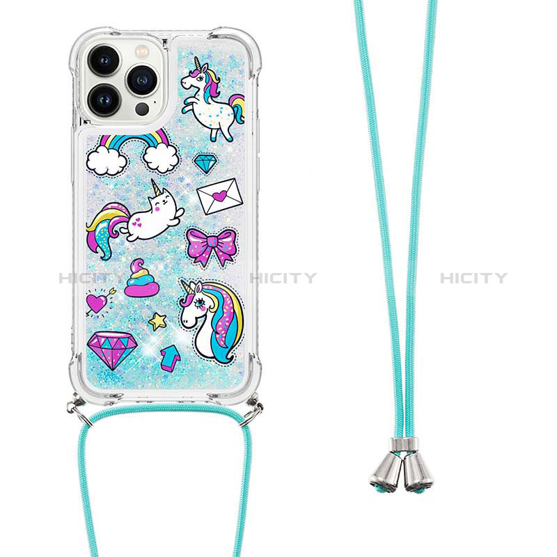 Custodia Silicone Cover Morbida Bling-Bling con Cinghia Cordino Mano S02 per Apple iPhone 16 Pro Max Cielo Blu