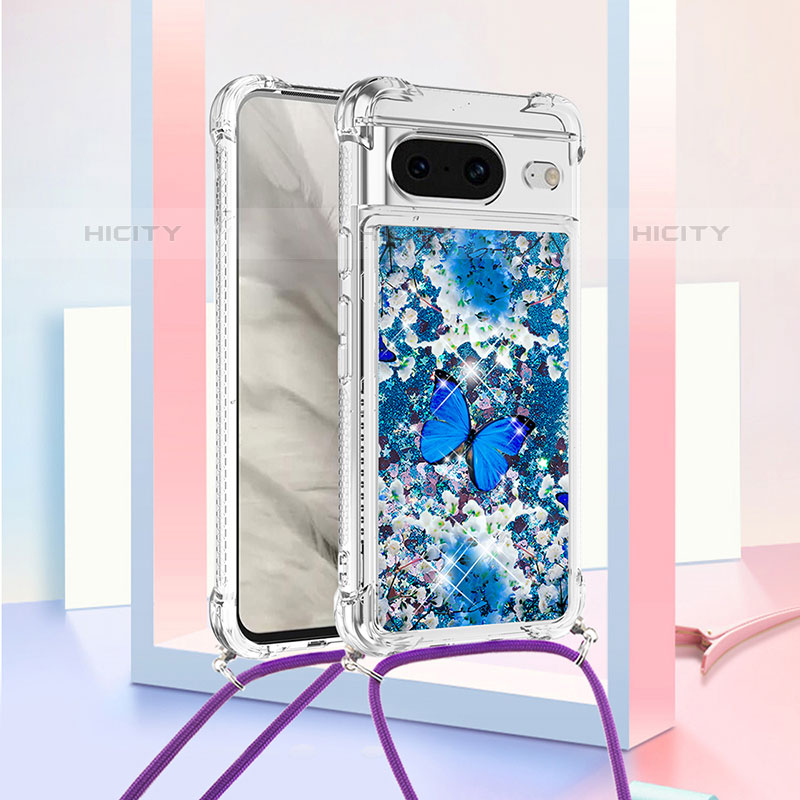 Custodia Silicone Cover Morbida Bling-Bling con Cinghia Cordino Mano S02 per Google Pixel 8 5G Blu