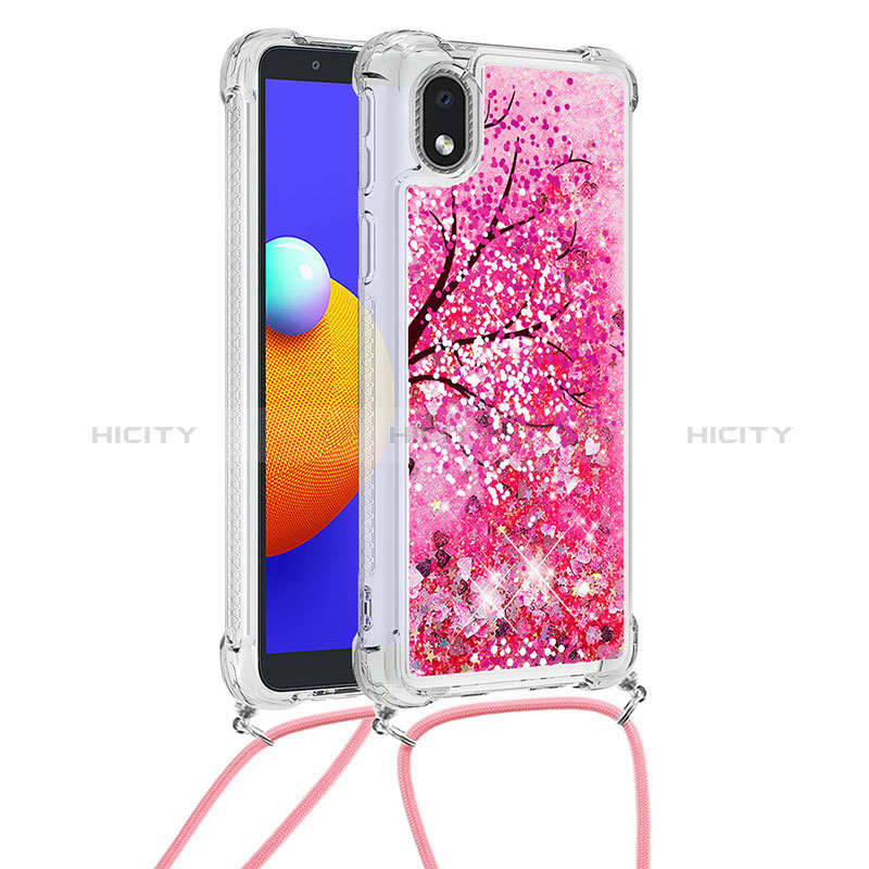 Custodia Silicone Cover Morbida Bling-Bling con Cinghia Cordino Mano S02 per Samsung Galaxy A01 Core Rosa Caldo