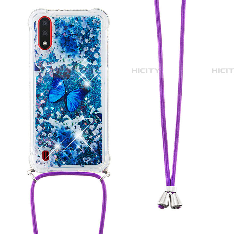 Custodia Silicone Cover Morbida Bling-Bling con Cinghia Cordino Mano S02 per Samsung Galaxy A01 SM-A015 Blu