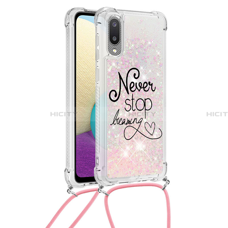 Custodia Silicone Cover Morbida Bling-Bling con Cinghia Cordino Mano S02 per Samsung Galaxy A02 Rosa