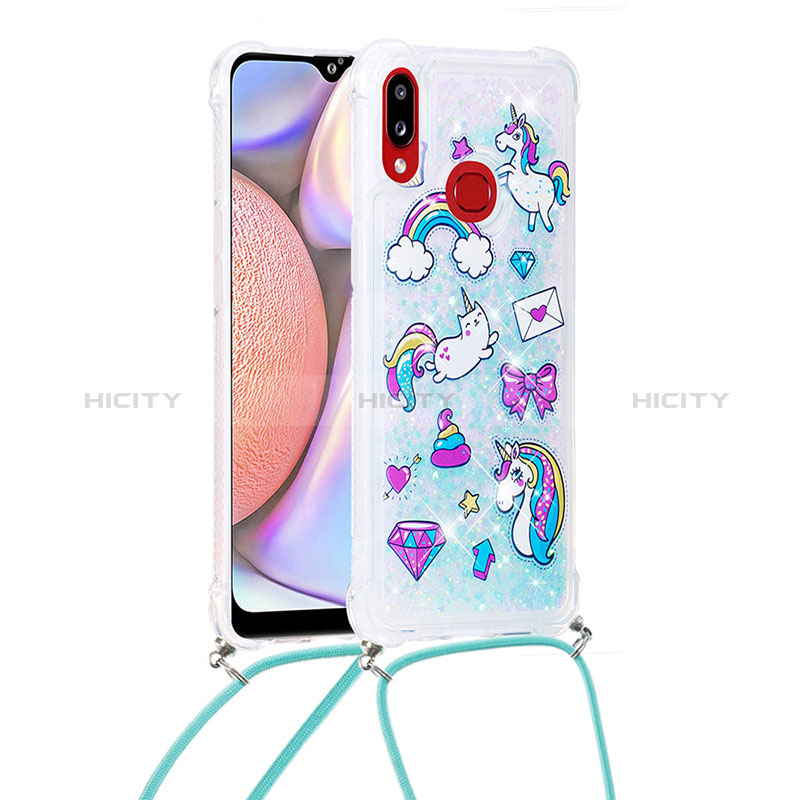 Custodia Silicone Cover Morbida Bling-Bling con Cinghia Cordino Mano S02 per Samsung Galaxy A10s Cielo Blu