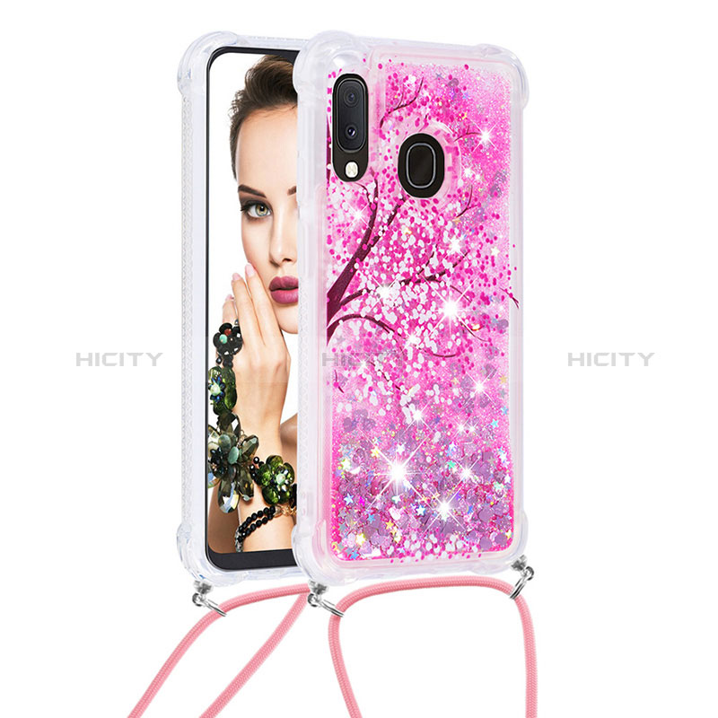 Custodia Silicone Cover Morbida Bling-Bling con Cinghia Cordino Mano S02 per Samsung Galaxy A20e Rosa Caldo