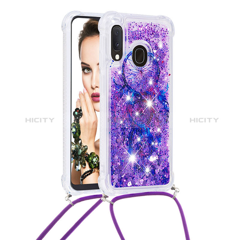 Custodia Silicone Cover Morbida Bling-Bling con Cinghia Cordino Mano S02 per Samsung Galaxy A20e Viola