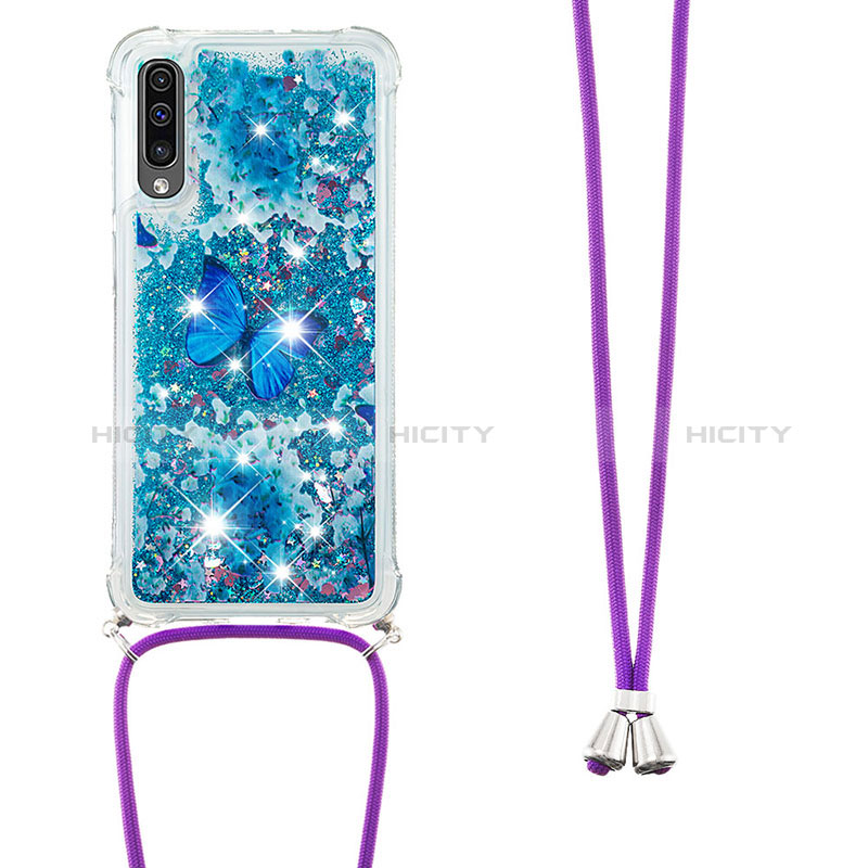 Custodia Silicone Cover Morbida Bling-Bling con Cinghia Cordino Mano S02 per Samsung Galaxy A30S Blu