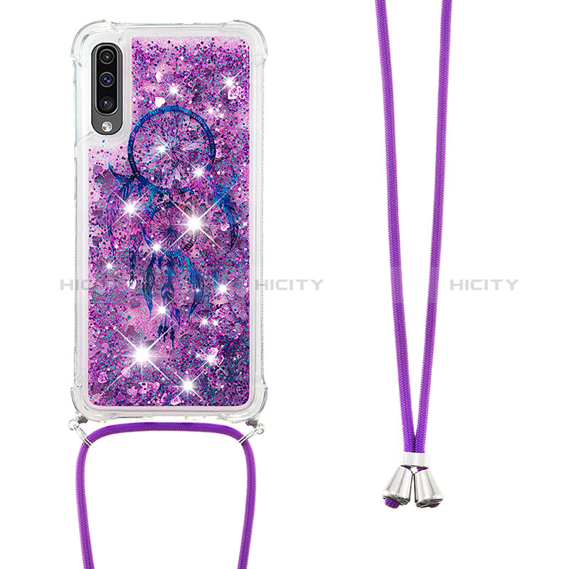 Custodia Silicone Cover Morbida Bling-Bling con Cinghia Cordino Mano S02 per Samsung Galaxy A30S Viola