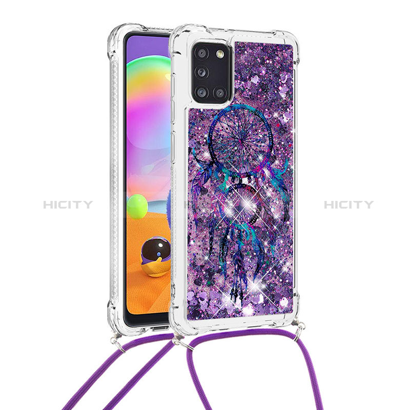 Custodia Silicone Cover Morbida Bling-Bling con Cinghia Cordino Mano S02 per Samsung Galaxy A31 Viola