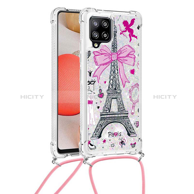 Custodia Silicone Cover Morbida Bling-Bling con Cinghia Cordino Mano S02 per Samsung Galaxy A42 5G Rosa