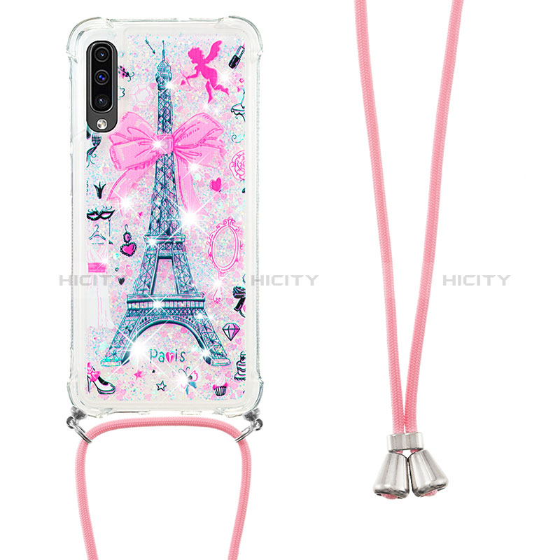 Custodia Silicone Cover Morbida Bling-Bling con Cinghia Cordino Mano S02 per Samsung Galaxy A50 Rosa