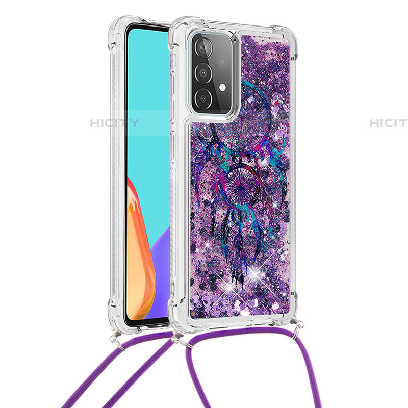 Custodia Silicone Cover Morbida Bling-Bling con Cinghia Cordino Mano S02 per Samsung Galaxy A52 4G Viola