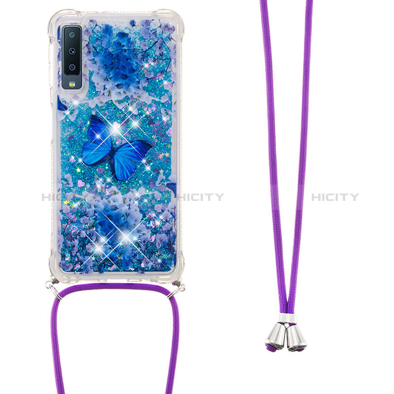 Custodia Silicone Cover Morbida Bling-Bling con Cinghia Cordino Mano S02 per Samsung Galaxy A7 (2018) A750 Blu