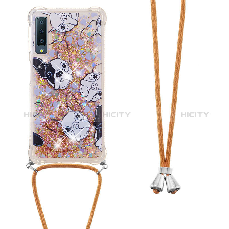 Custodia Silicone Cover Morbida Bling-Bling con Cinghia Cordino Mano S02 per Samsung Galaxy A7 (2018) A750 Oro