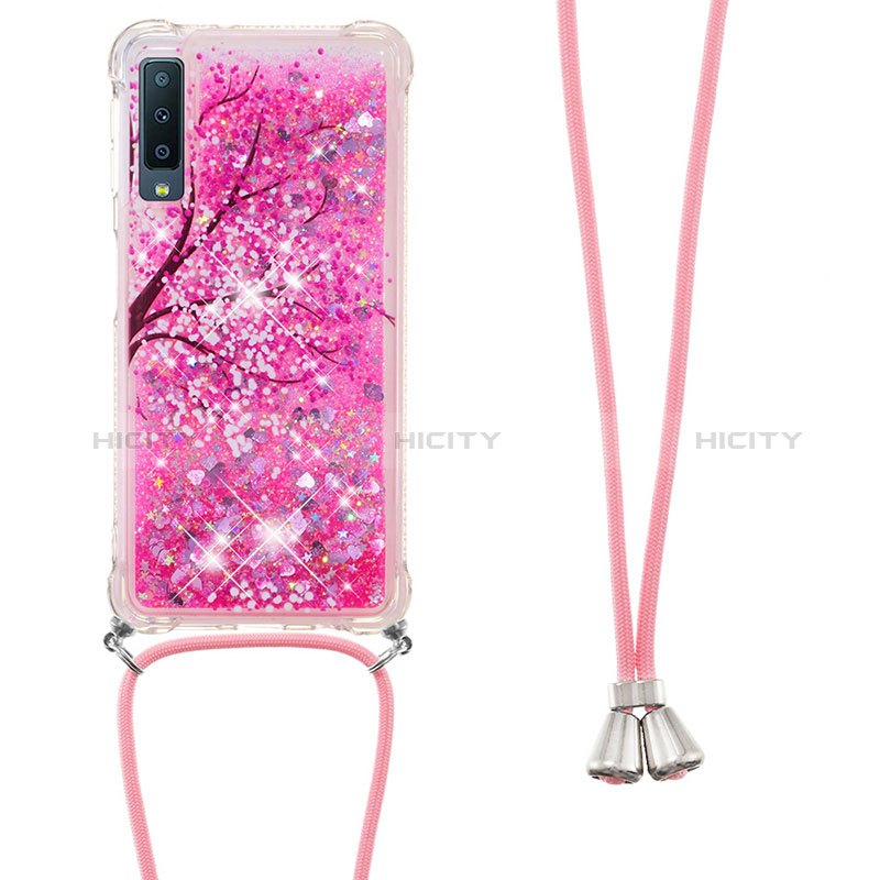 Custodia Silicone Cover Morbida Bling-Bling con Cinghia Cordino Mano S02 per Samsung Galaxy A7 (2018) A750 Rosa Caldo