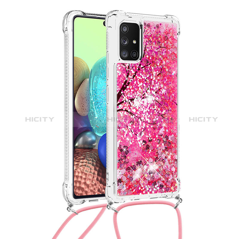 Custodia Silicone Cover Morbida Bling-Bling con Cinghia Cordino Mano S02 per Samsung Galaxy A71 4G A715 Rosa Caldo