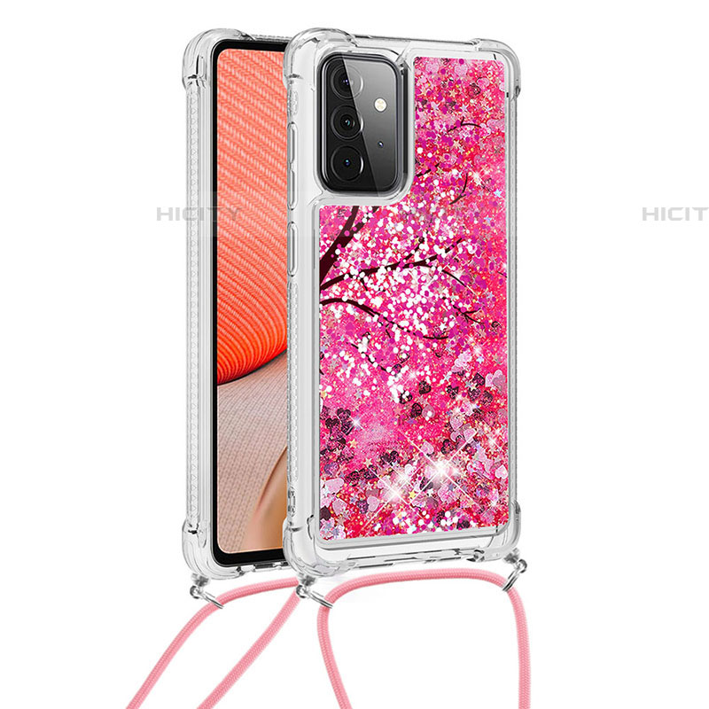 Custodia Silicone Cover Morbida Bling-Bling con Cinghia Cordino Mano S02 per Samsung Galaxy A72 5G Rosa Caldo