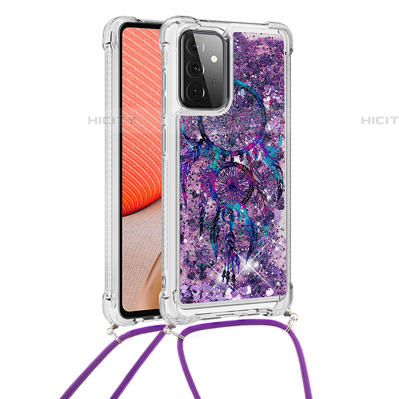 Custodia Silicone Cover Morbida Bling-Bling con Cinghia Cordino Mano S02 per Samsung Galaxy A72 5G Viola