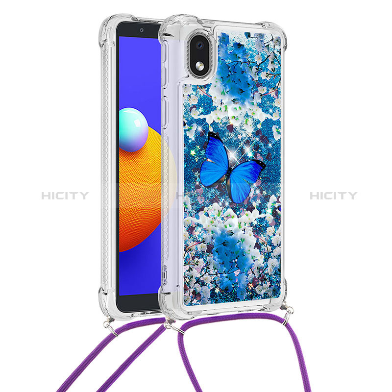 Custodia Silicone Cover Morbida Bling-Bling con Cinghia Cordino Mano S02 per Samsung Galaxy M01 Core Blu