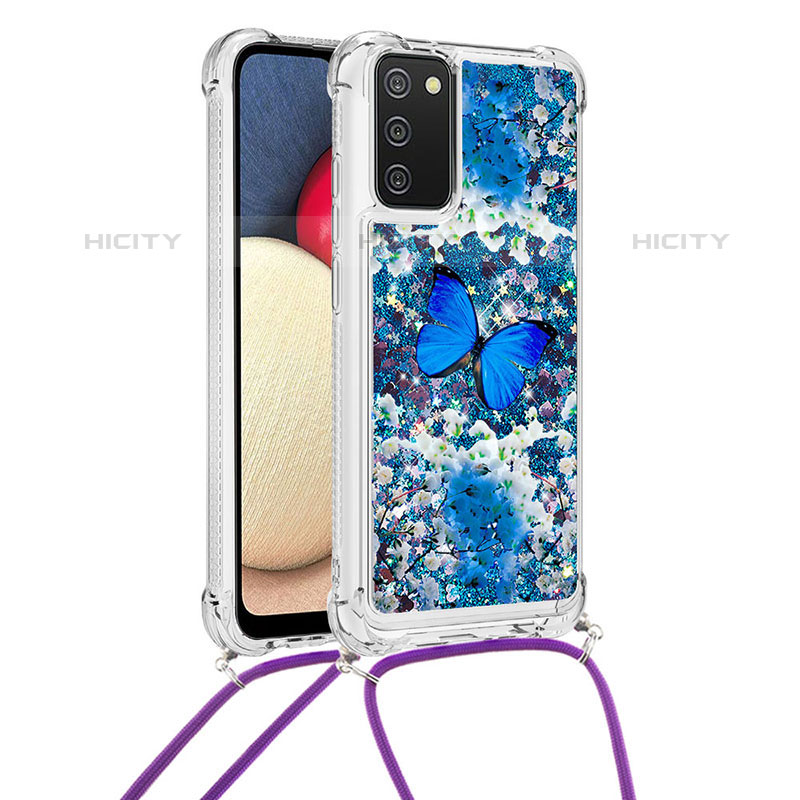 Custodia Silicone Cover Morbida Bling-Bling con Cinghia Cordino Mano S02 per Samsung Galaxy M02s Blu