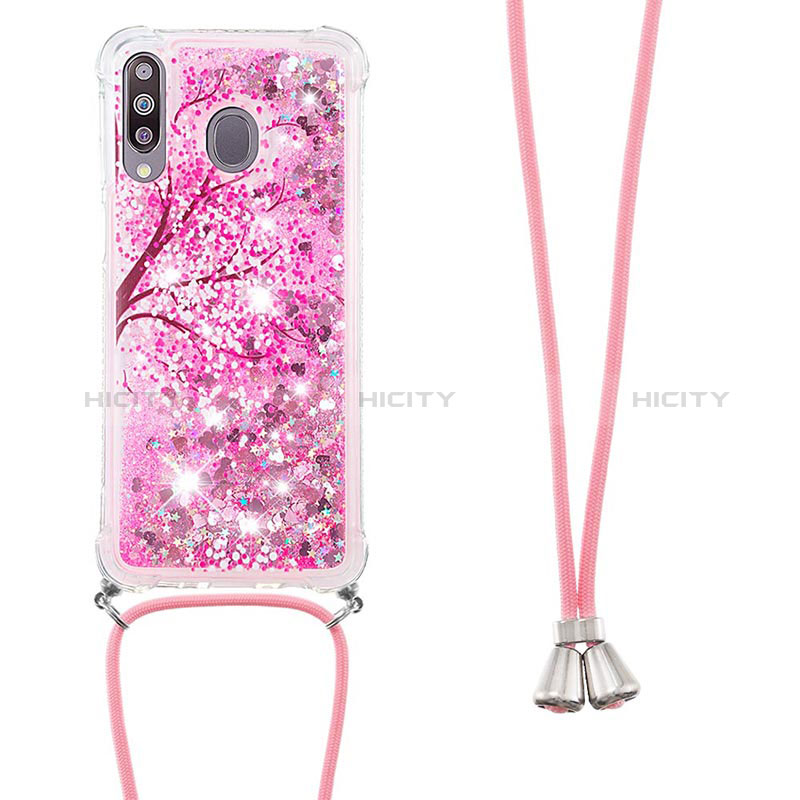 Custodia Silicone Cover Morbida Bling-Bling con Cinghia Cordino Mano S02 per Samsung Galaxy M30 Rosa Caldo