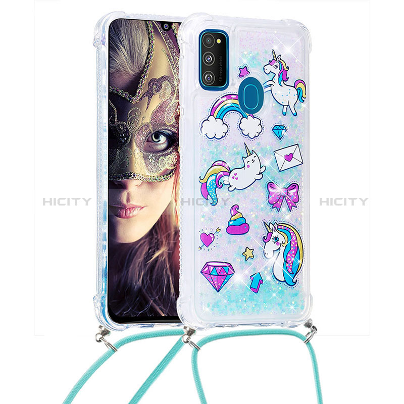 Custodia Silicone Cover Morbida Bling-Bling con Cinghia Cordino Mano S02 per Samsung Galaxy M30s Cielo Blu