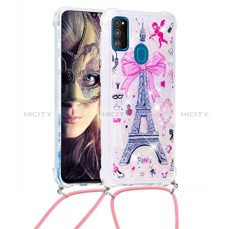 Custodia Silicone Cover Morbida Bling-Bling con Cinghia Cordino Mano S02 per Samsung Galaxy M30s Rosa