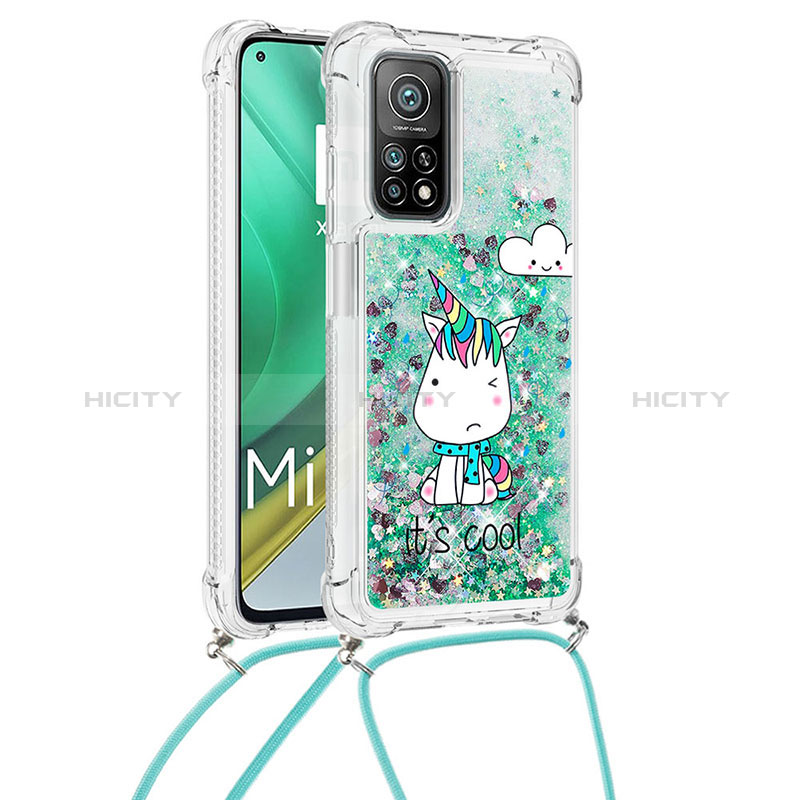 Custodia Silicone Cover Morbida Bling-Bling con Cinghia Cordino Mano S02 per Xiaomi Mi 10T 5G Verde