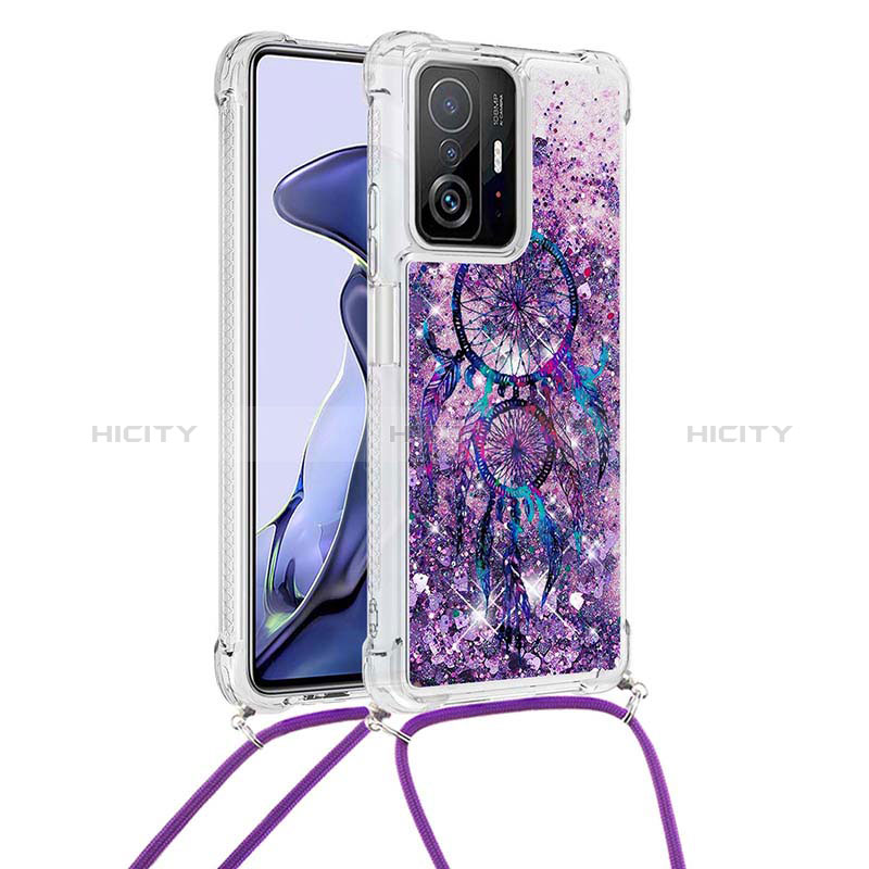 Custodia Silicone Cover Morbida Bling-Bling con Cinghia Cordino Mano S02 per Xiaomi Mi 11T Pro 5G Viola