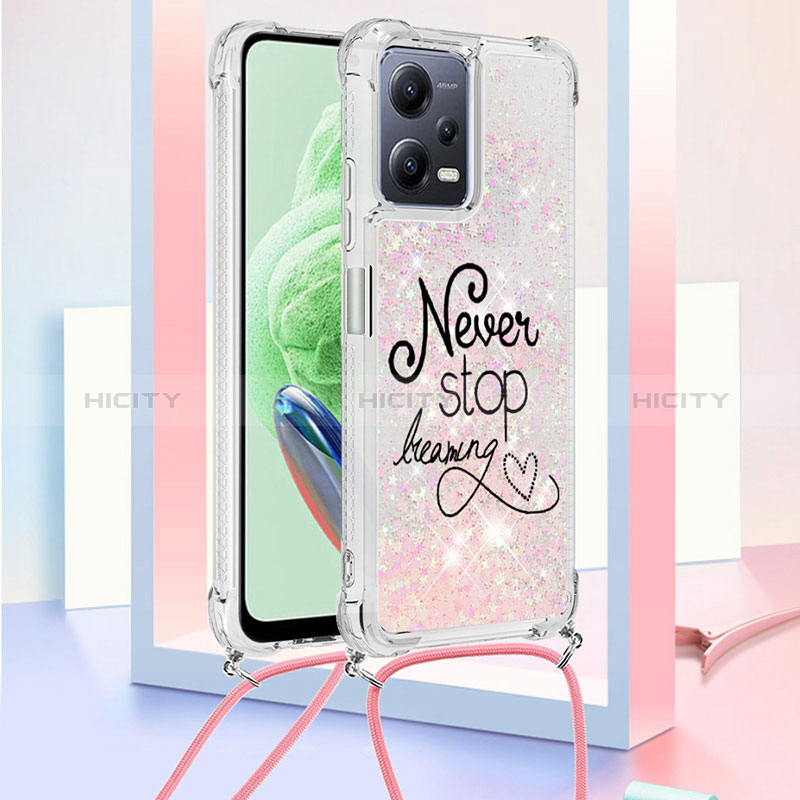 Custodia Silicone Cover Morbida Bling-Bling con Cinghia Cordino Mano S02 per Xiaomi Poco X5 5G Rosa
