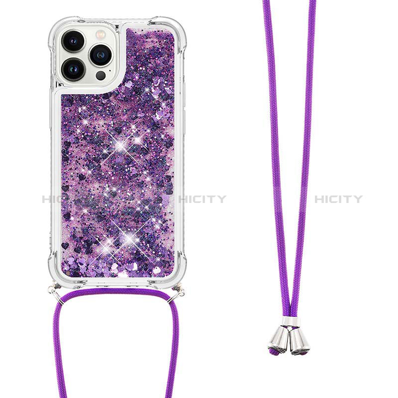 Custodia Silicone Cover Morbida Bling-Bling con Cinghia Cordino Mano S03 per Apple iPhone 14 Pro