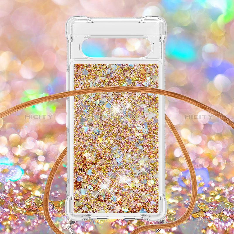 Custodia Silicone Cover Morbida Bling-Bling con Cinghia Cordino Mano S03 per Google Pixel 7a 5G Oro