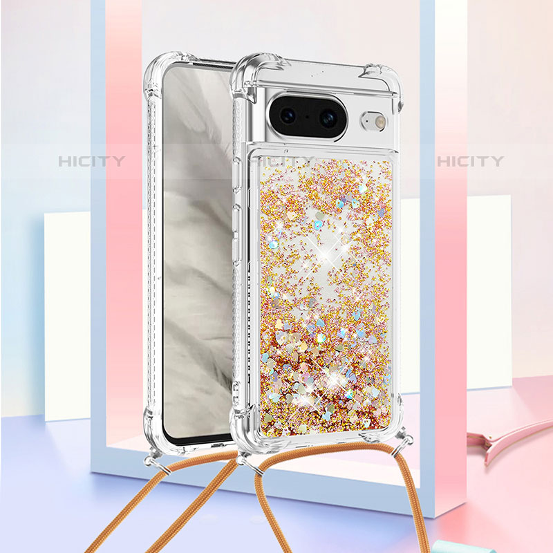 Custodia Silicone Cover Morbida Bling-Bling con Cinghia Cordino Mano S03 per Google Pixel 8 5G