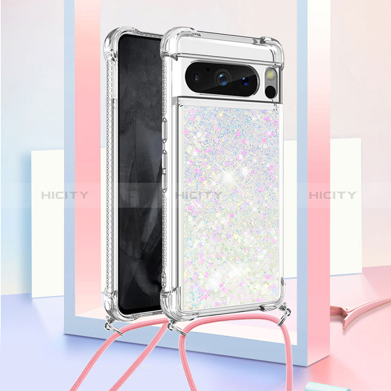 Custodia Silicone Cover Morbida Bling-Bling con Cinghia Cordino Mano S03 per Google Pixel 8 Pro 5G