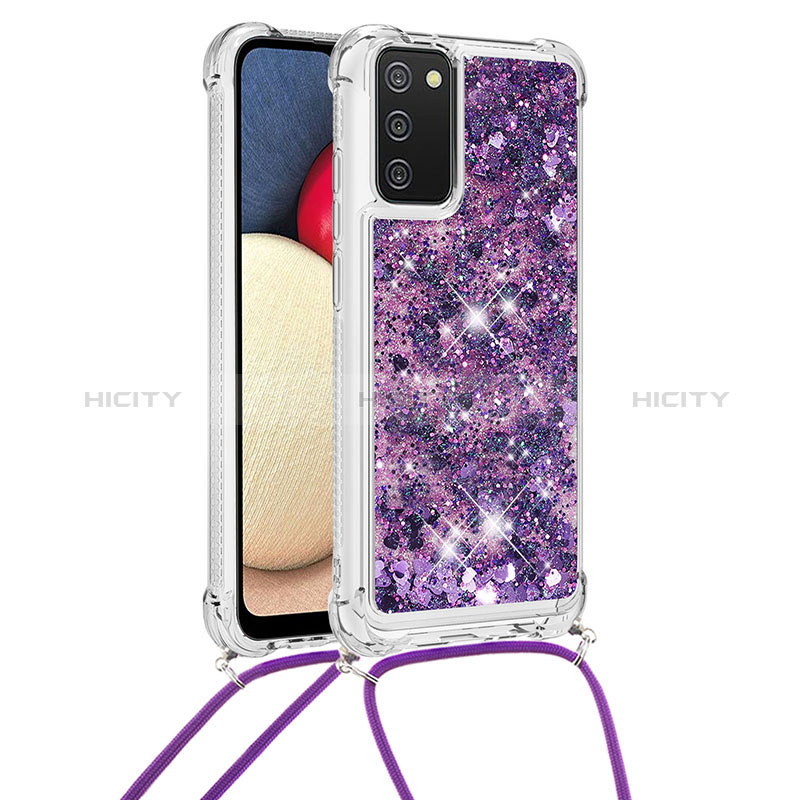 Custodia Silicone Cover Morbida Bling-Bling con Cinghia Cordino Mano S03 per Samsung Galaxy A02s Viola